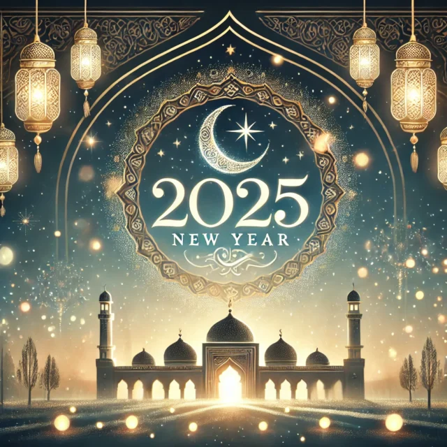 DALL·E 2025-01-01 05.23.18 - An Islamic-themed New Year 2025 illustration featuring a serene and peaceful night sky with crescent moon and stars above a mosque surrounded by glowi