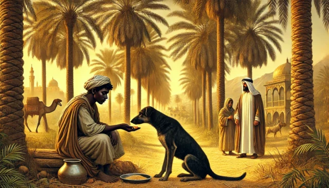DALL·E 2025-03-23 09.35.15 - A detailed and realistic illustration of a lush date palm grove with tall trees providing shade. In the foreground, a young dark-skinned man in simple